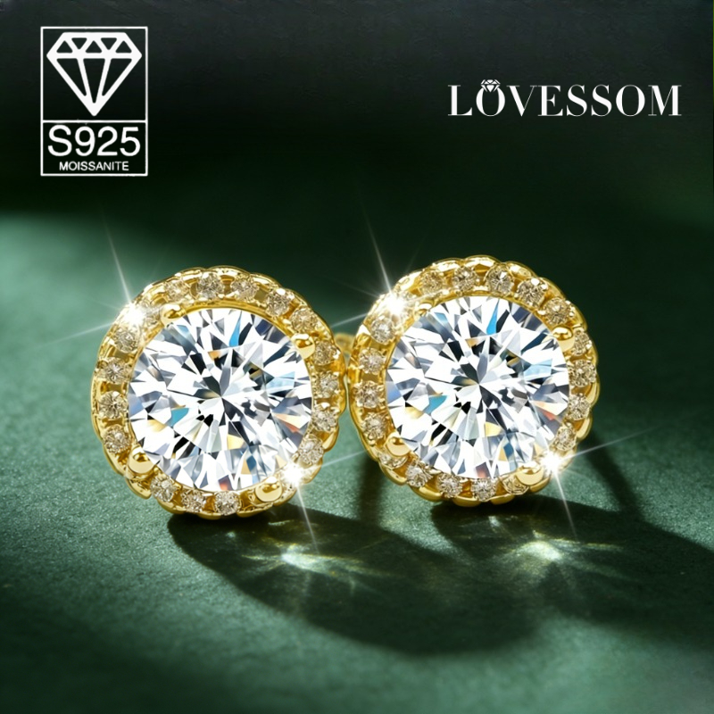 Couple's 925 Silver Four-Prong Round Moissanite Stud Earrings