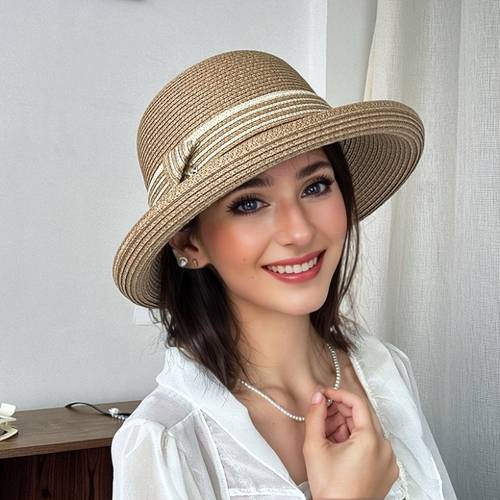 womens stylish french straw basket hat with striped curls and a summer
