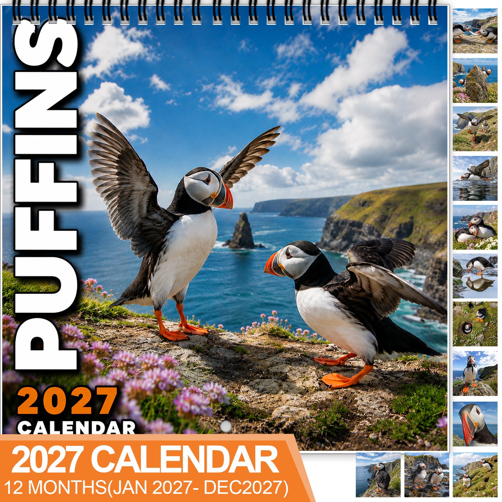 TEMU 2027 Wall Hanging Calendar, Spiral-bound 12-month Monthly Planner With Thick Glossy Paper, Displays Charming Seabirds In Scenic, And Everyday