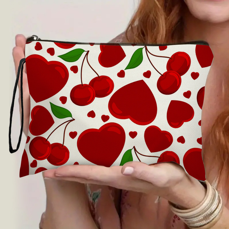 

Cherry Heart Pattern Polyester Cosmetic Bag, Formaldehyde-free, Multi-functional Lipstick Pouch, - Stationery Pencil Case For Women