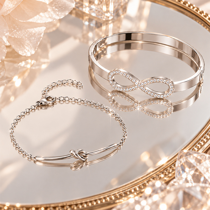 Women's Infinity Bangle & Simple Knot Thin Chain, Elegant Design