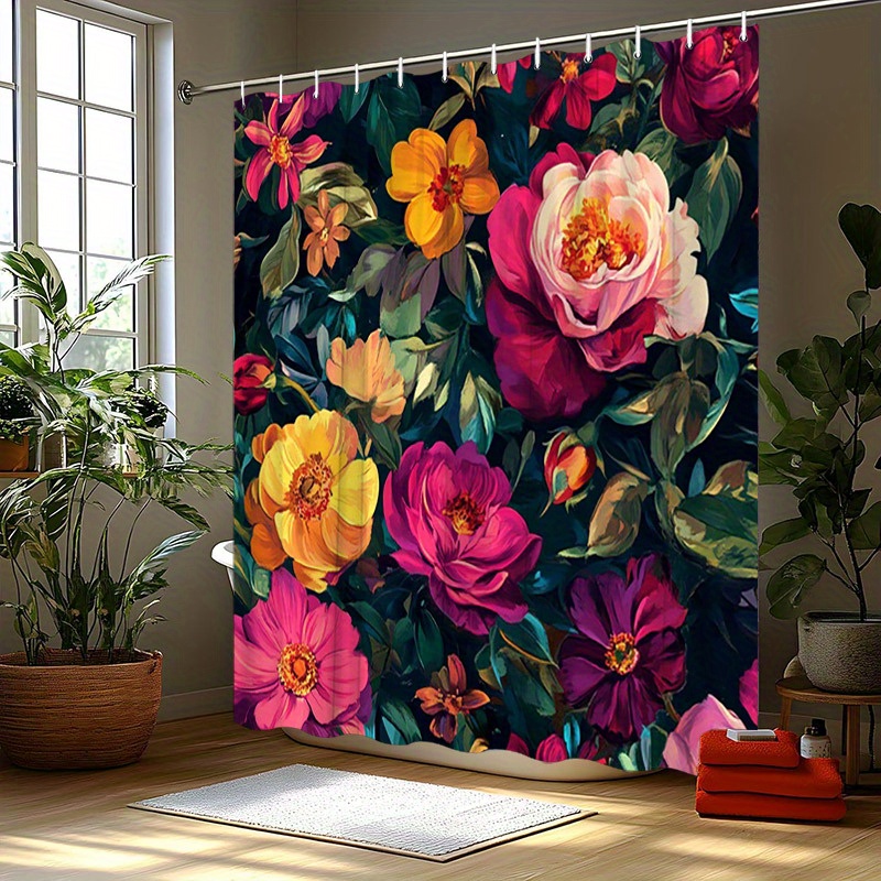 TEMU 2d Shower/bath Curtain 1pc Peony Shower Curtain Yellow Flowers Surrounding Green Leaves, Suitable For Bathroom Decoration Polyester Home Decor,