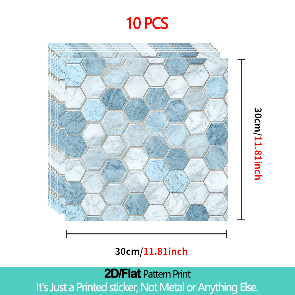 TEMU 10-pack, 2d Flat Pvc Self-adhesive Hexagonal Marble Pattern Floor Stickers, Size 30.0 X 30.0cm, Blue And White Gradient Anti-slip Wear-resistant