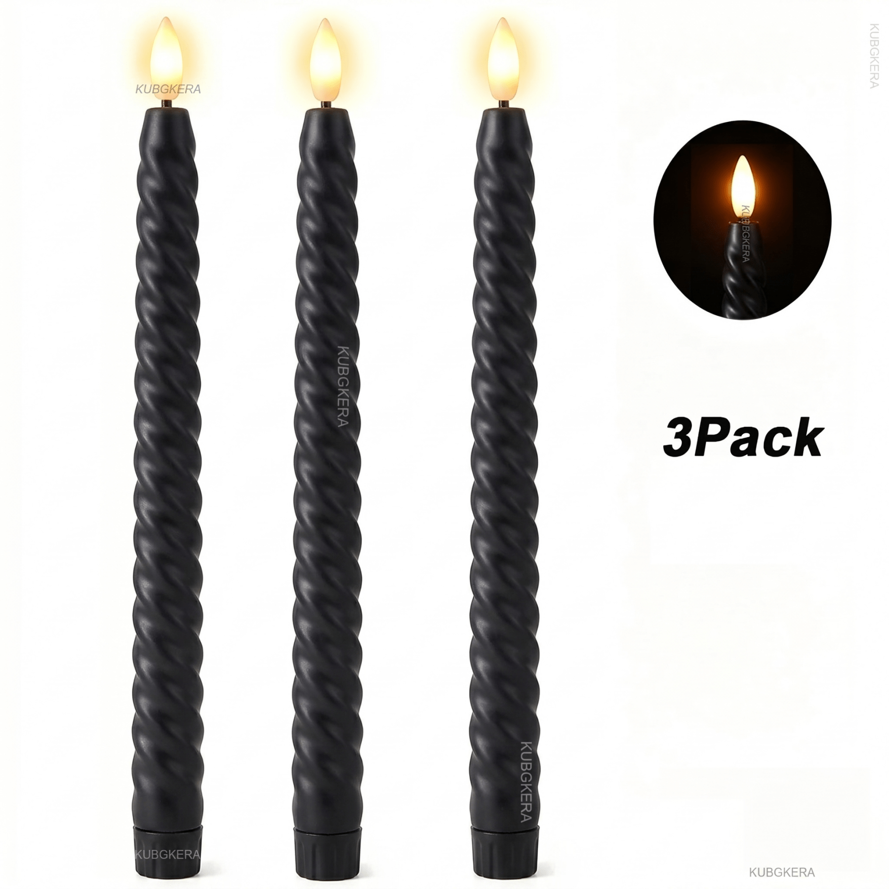 TEMU 3pcs Realistic Flameless Led Taper Candles With Long Pole, Battery Operated Candlesticks With 3d Flame Flickering Effect, Warm Yellow Glow Fake