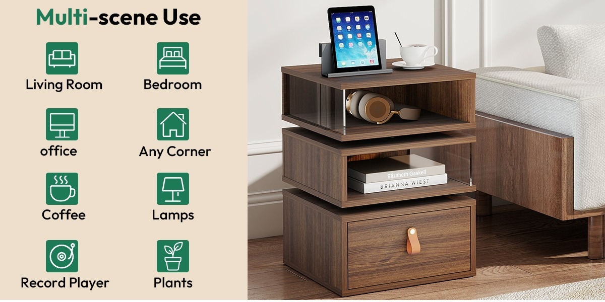 360° Rotating End Table with Glass Panels Overview