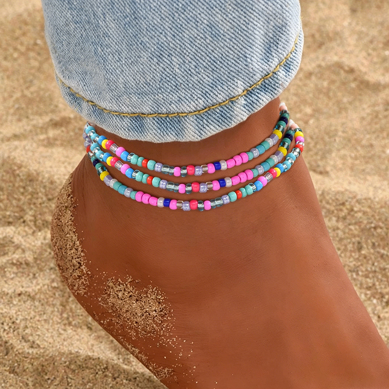 3pcs Summer Bohemian Style Colorful Beaded Elastic Cord Anklet Set, Dopamine-inspired Stackable Anklets For Women, Glass Material, For Summer Beach Vacations