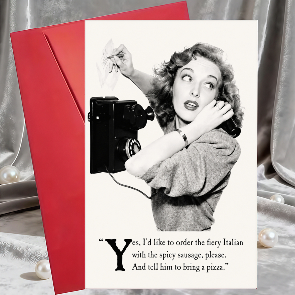 TEMU 1pc Greeting Card And 1pc Envelope. 2d Flat Fun Birthday Card (with Envelope) - Retro Telephone Ordering Pizza Lady Pattern, Humorous Greeting