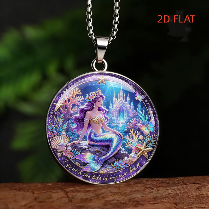TEMU Mermaid Round Pendant Necklace, Deep Sea Castle Themed Jewelry, Unique With Iridescent Mermaid And Underwater Design, Unisex Delicate Accessory