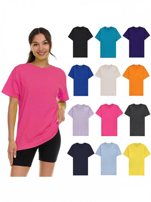 12 different solid color womens short sleeve t shirts in the whole store are on items breathable and loose fitting t shirts have a smooth texture are bulk t shirt packages with colors