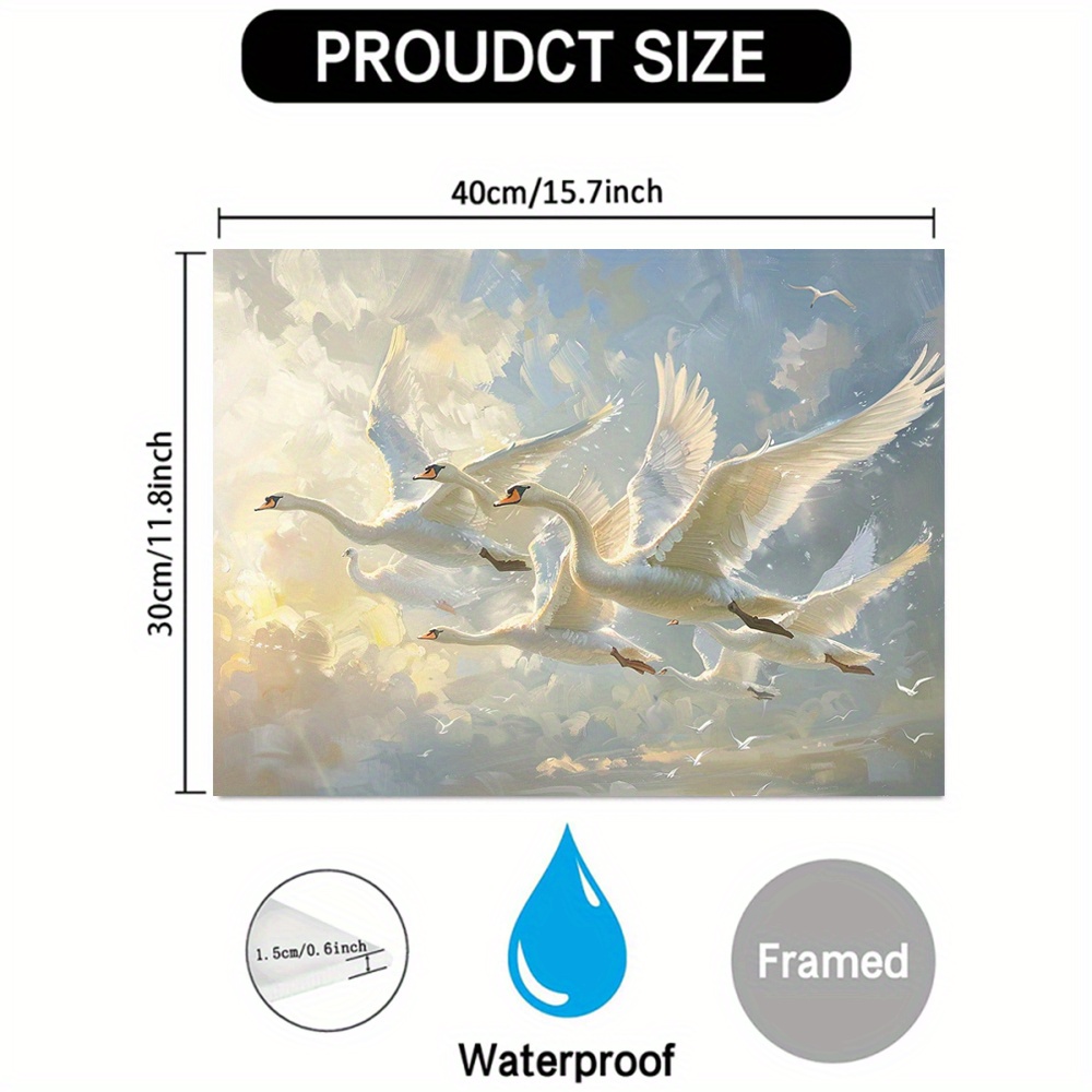 E-shop [2D Flat] . Weiße Schwäne im Flug Leinwandgemälde | Leinwandkunst mit Holzrahmen, Friedliche Himmelszene, 11.8x15.7 Zoll, für Büro- oder