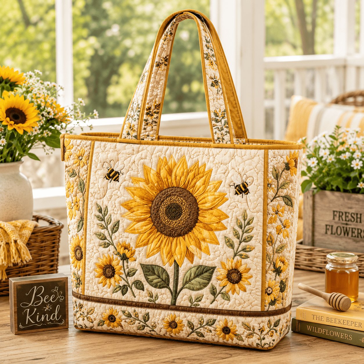 TEMU Women's Quilted Tote Bag, Sunflower Daisy And Leaf Print, Yellow Beige Farmhouse Style, Large Handbag For Spring Summer , Markets, Picnics,
