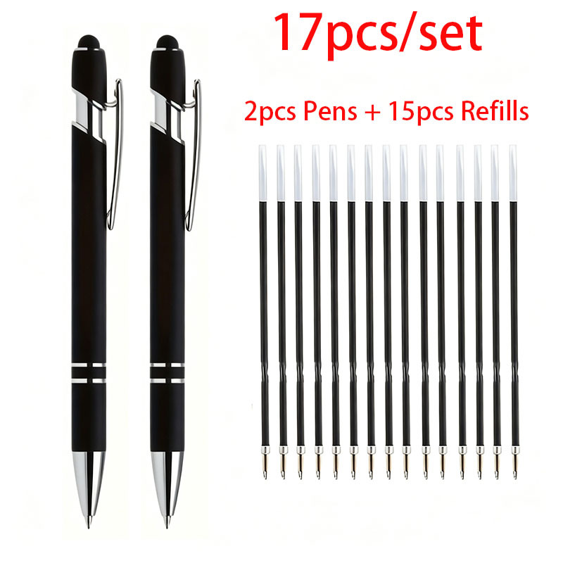 TEMU Set da 17 penne a sfera nere premium (2 penne + 15 ricariche), scrittura con punta stilo per touchscreen, uso versatile, punta per touchscreen -