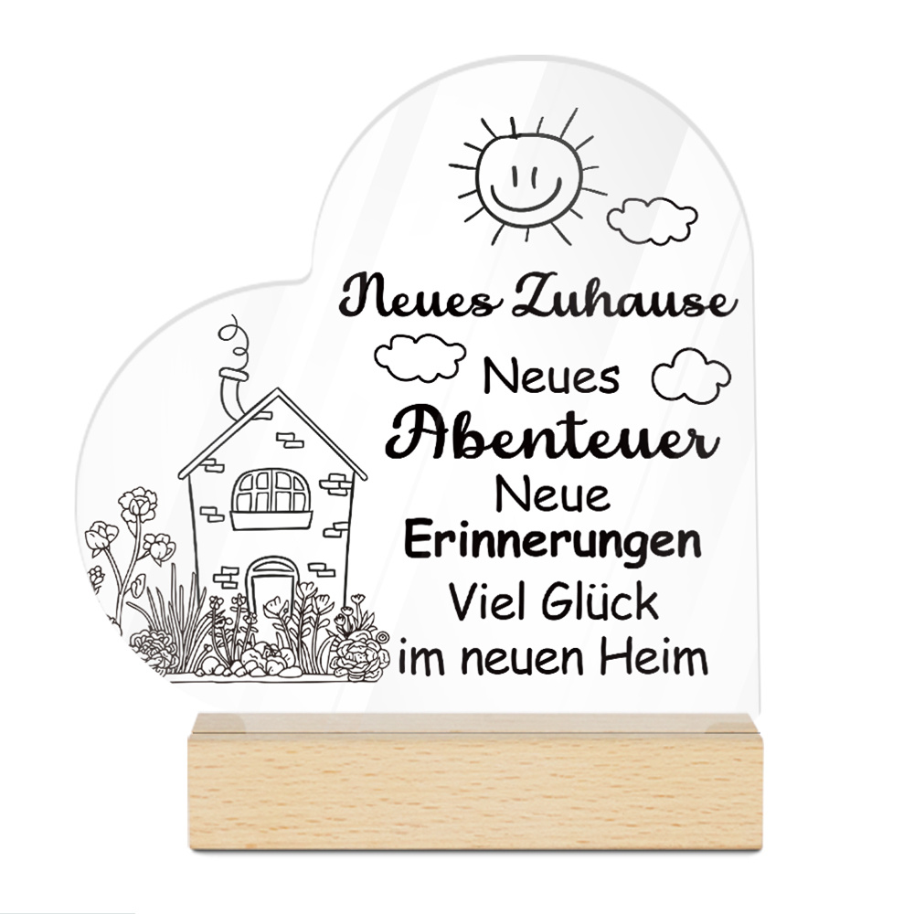 E-shop 2D Flach, Putuo Dekor 1 Stück Deutsches Herzförmiges Acrylschild mit Holzsockel, Tischdeko - "Neues Zuhause, Neues Abenteuer, Neue Erinnerungen,