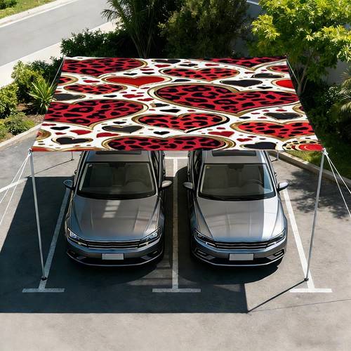 2d flat printing leopard print heart pattern printed outdoor tent flysheet extra large carport awning fabric outdoor camping canopy printed pattern with 4 ropes and 4 pegs not including frame