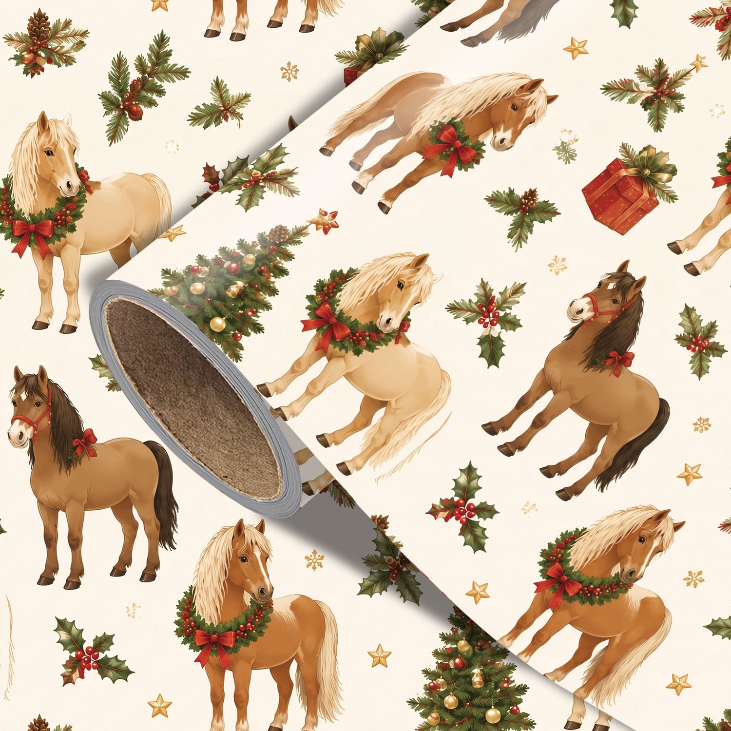 Image of Horse Christmas Wrapping Paper Roll, 17.7x118 Inch, Pony Wreath Holly Mini Christmas Tree Gift Box Xmas Gift Wrap For Western Holiday Present Decor