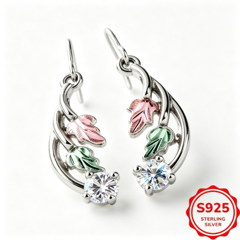 TEMU S925 Sterling Leaf Dangle Hook Earrings For Women, Hollow Curved Teardrop Drop Earrings With Pink Green Enamel Leaves & Shiny Round Zirconia