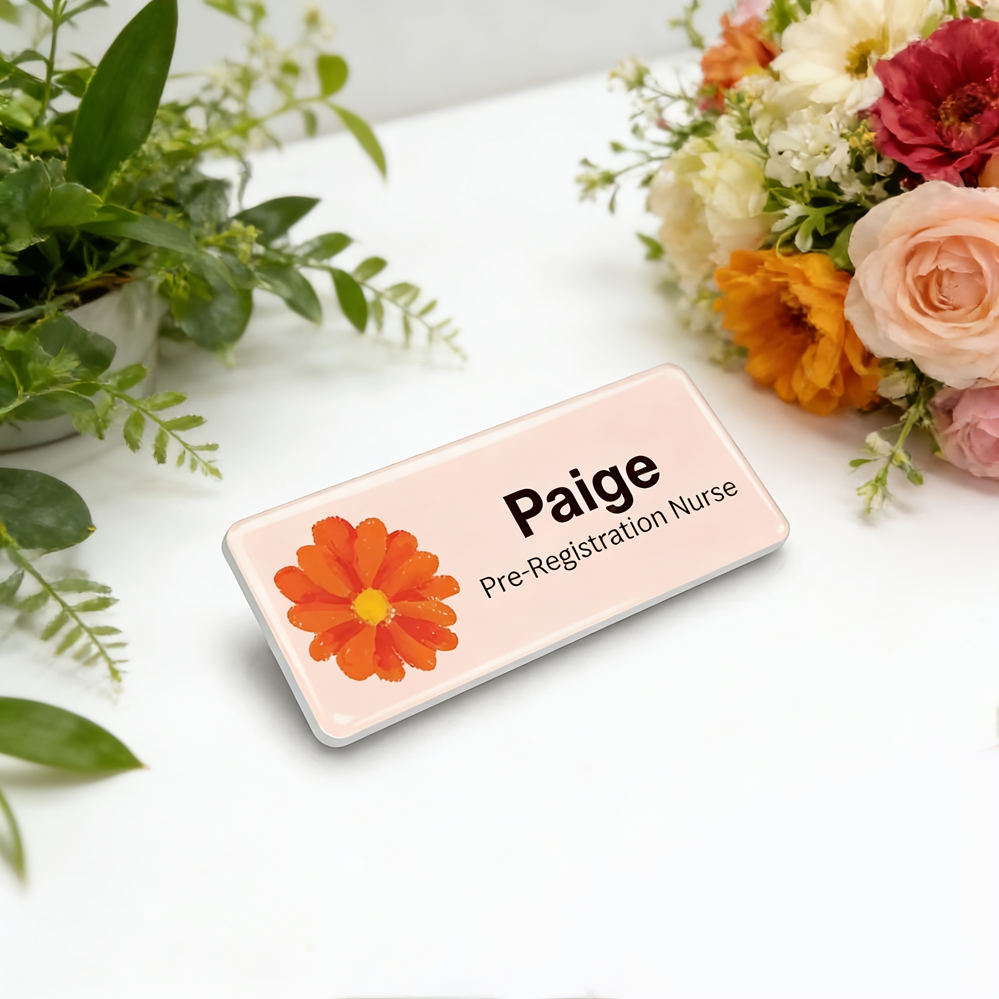 TEMU Vintage Floral Name Tag For Caregivers, Custom Text Pin Badge With Personal Title, Work Id Brooch For Aides And Nurses