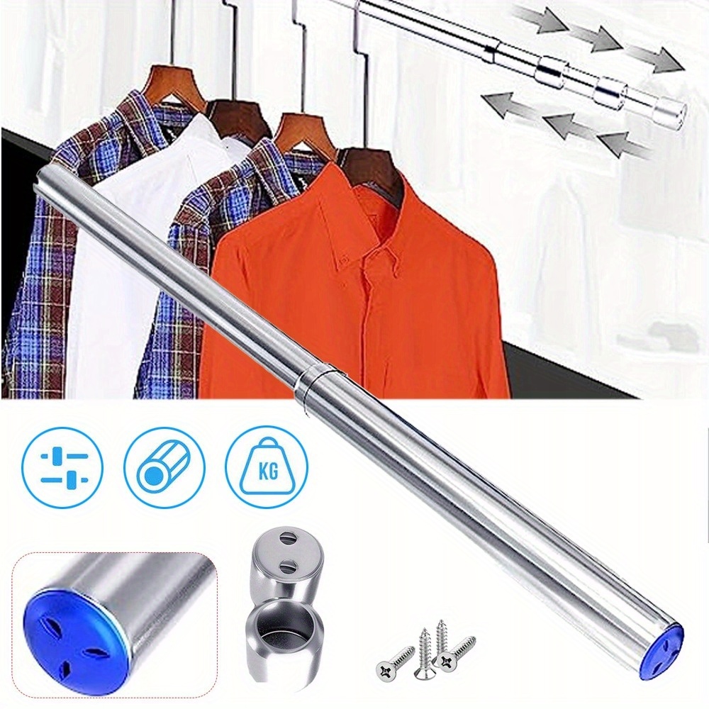 Wardrobe Rail And Fittings 57-100cm, Stainless Steel Extendable With End Sockets & Screws, For Wardrobe, Shower, Balcony, Windows