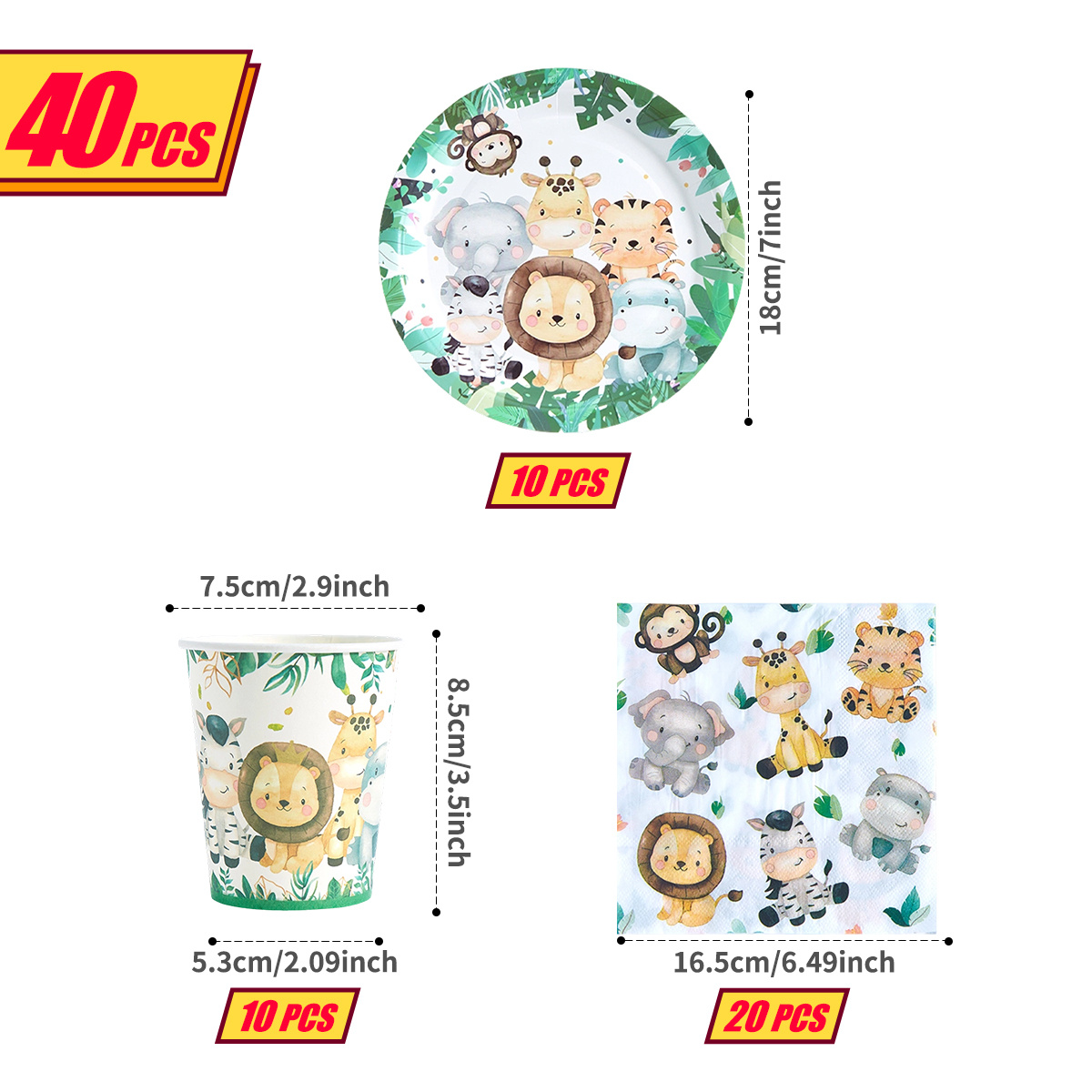 TEMU Ensemble de 40 pièces de vaisselle de fête sur le thème des animaux de , comprenant 10 assiettes animaux de en aquarelle, 10 gobelets animaux à