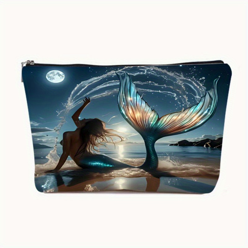 TEMU 1pc Mermaid By The Sea: A Patterned Polyester Makeup Bag, Travel Makeup Bag, Multi-functional Makeup Bag, Toiletry Bag