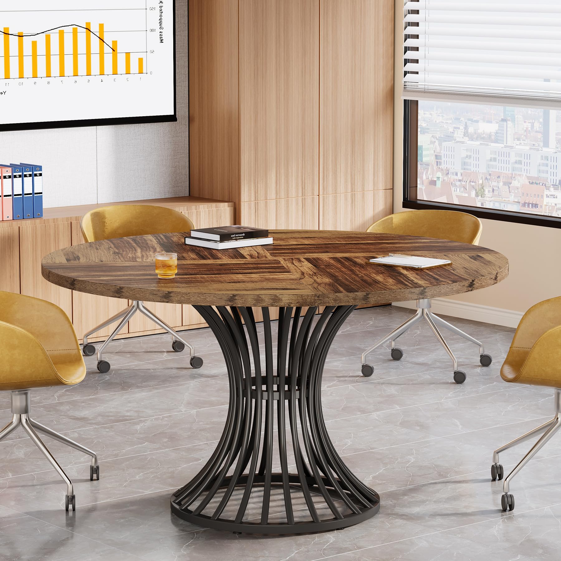 Image of Round Conference Table For 4-6 People, 47-inch Conference Room Table With Thickened Tabletop And Metal Base, Industrial Meeting Table For Office Meeting Room, Rustic Brown