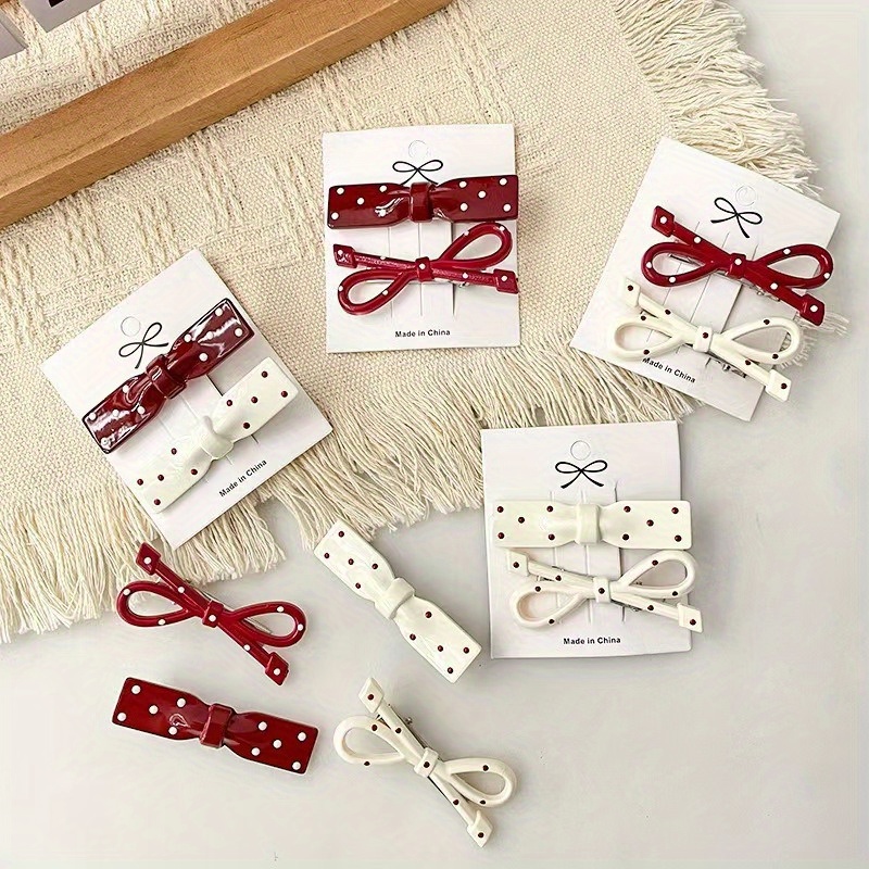 24pcs assorted colors red white and beige polka dot bow hair clips vintage style plastic barrettes for styling and fashion hair accessories Product details 3