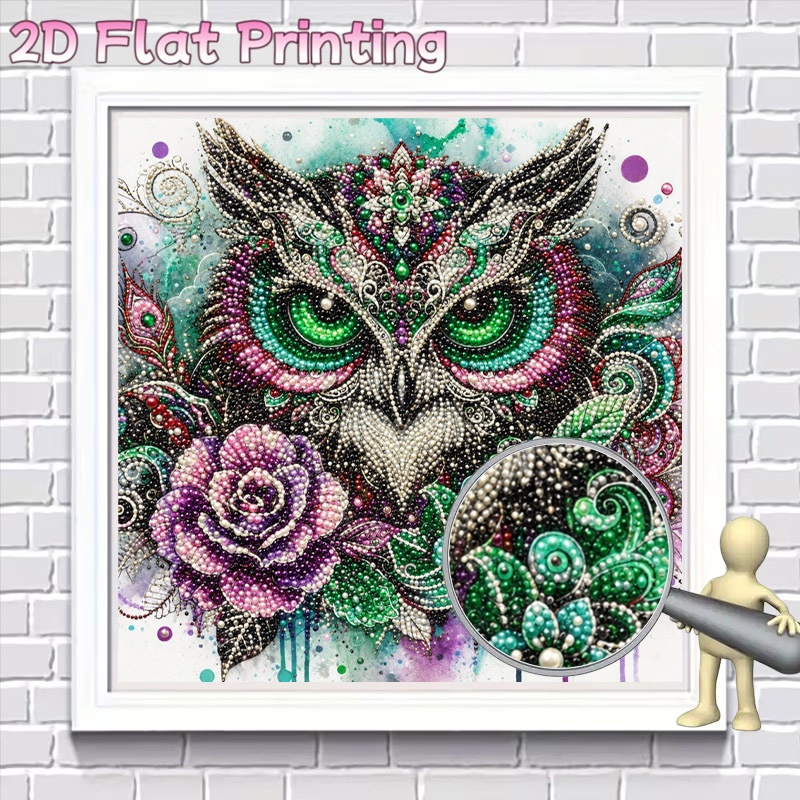 TEMU New Release Frameless 2d Pearl Owl Diamond Painting Kit, With Purple Background And Vibrant Floral , Fun Handcraft Art Supplies For Wall Decor