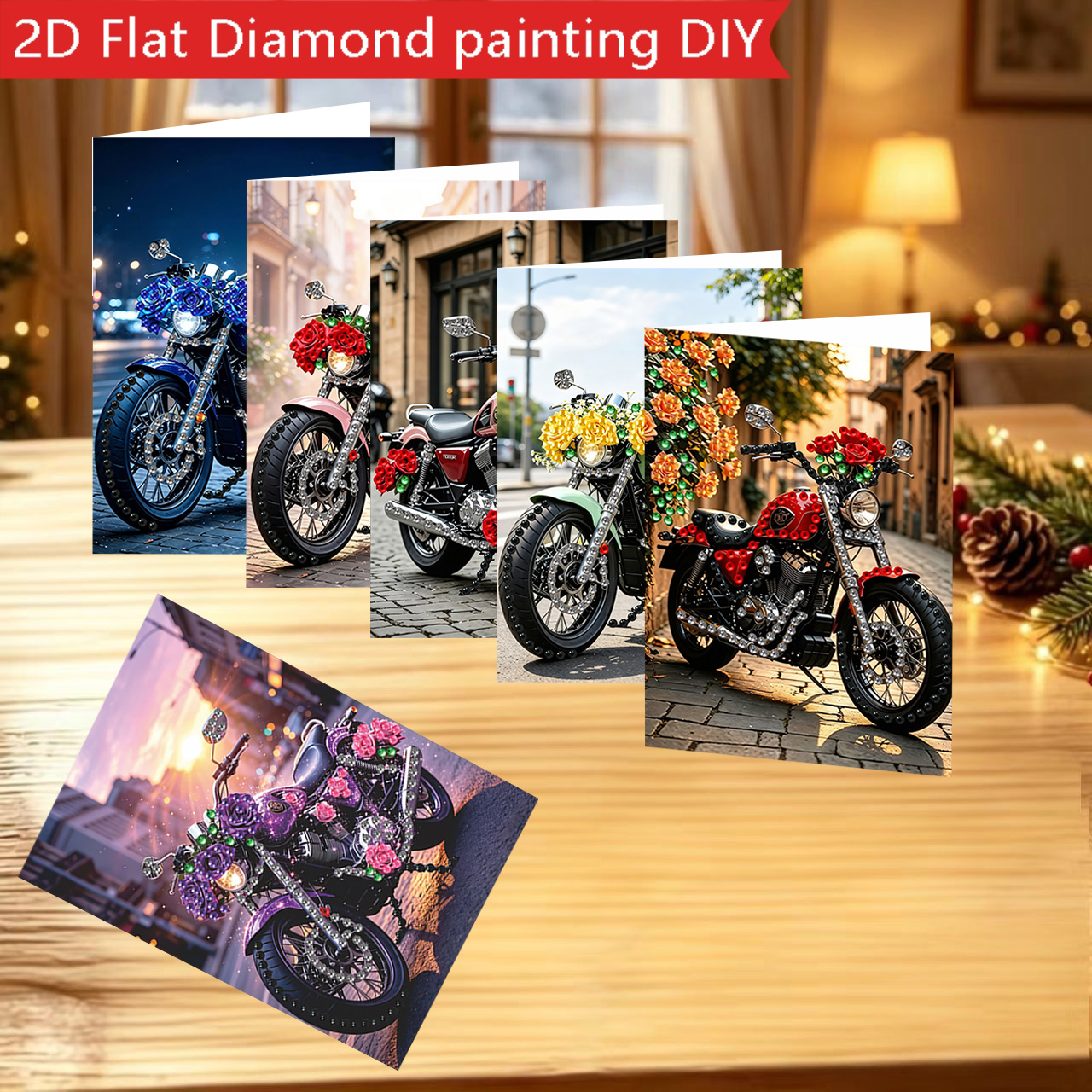 TEMU New 6pcs Diamond Painting Greeting Card Set, 2d Flat Printing, Unique And Individual Motorcycle And Flower Card Kit, Includes Matching Envelope,