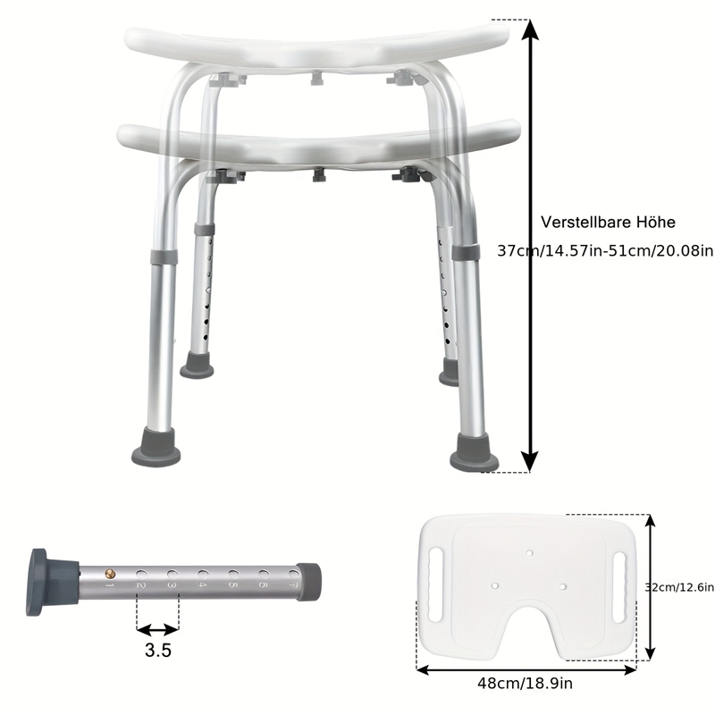 Image of Shower Chair, Height Adjustable 37-51cm, Non-slip Bath Stool With 7 Levels, Lightweight 2kg, Load Capacity 136kg, White Bathroom Seat