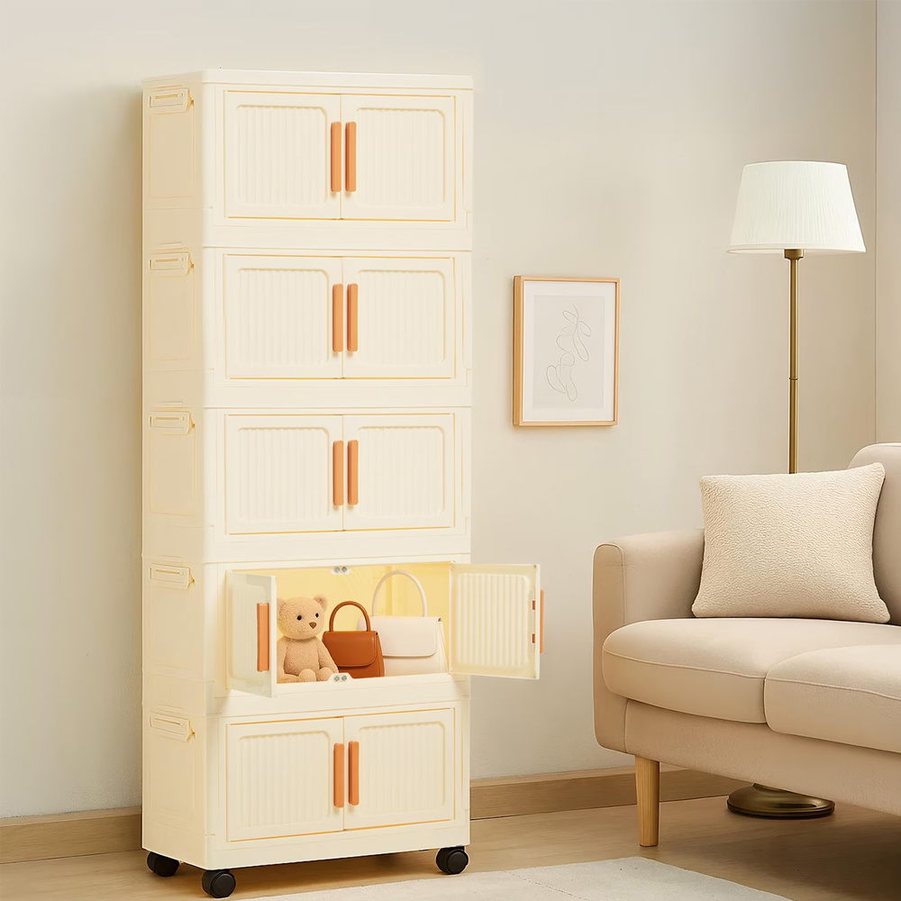 5-layer White Foldable Storage Cabinet With Lid And Stackable Wheels, Ideal For Clothes And Bedding. - Wardrobe Suitable For Snacks And, This Durable Organizer Is Perfect For Bedrooms And Game Rooms