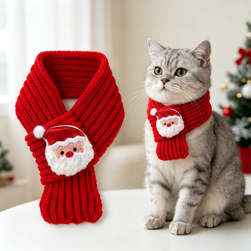 TEMU Christmas Pet Ted Neck Warmer Scarf With 3d Santa Claus Embroidery - Suitable For Cats & Small Dogs, For Holiday Photo Props, Warm Winter