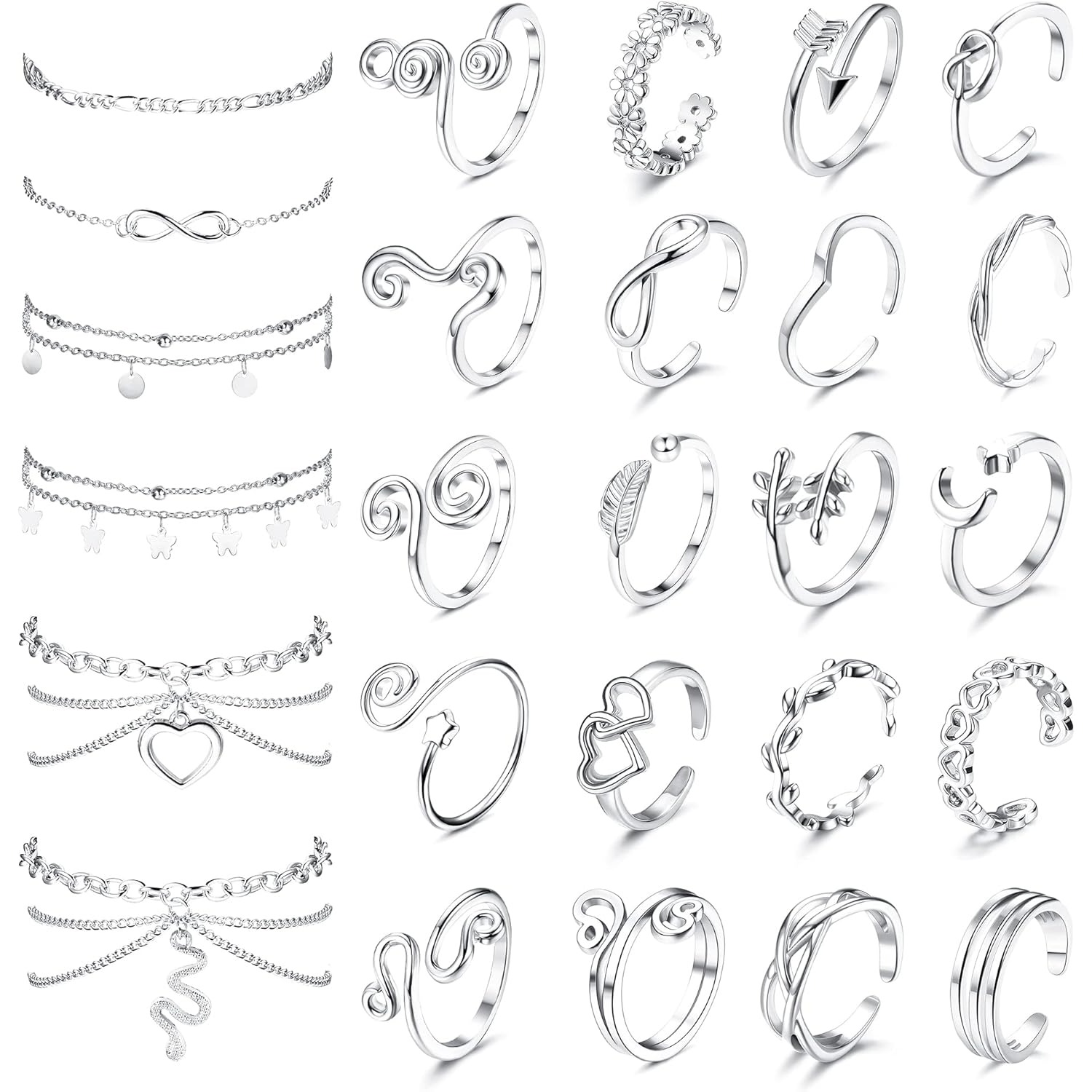 Image of 26pcs Toe Rings And Ankle Bracelets For Women Anklet Toe Rings Cute Layered Anklets Open Tail Rings Adjustable Beach Foot Jewelry For Summer