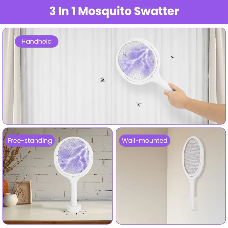 3 in 1 electric   racket 90 rotating   wand indoor outdoor handheld mosquito swatter with telescopic extension wand details 0