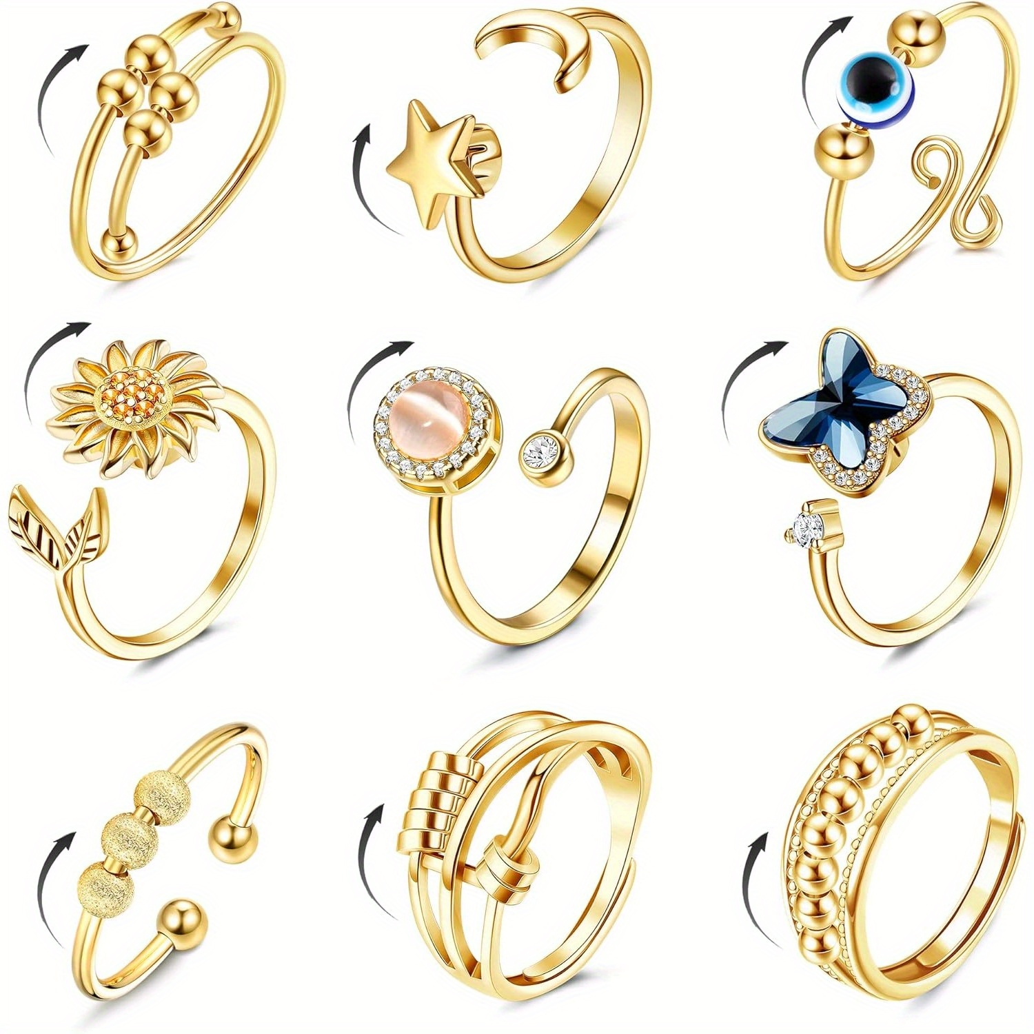 9pcs Fidget Spinner Rings For Women Men, Open Cz Star Anti Rotatable Rings Adjustable