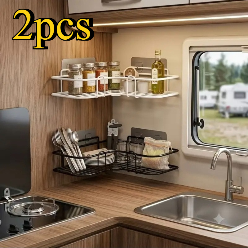 2 rv specific no drill triangular storage shelves   van corner organizer invisible transparent   wall mountable rack   wrought iron mesh shelf with   for travel trailer kitchen