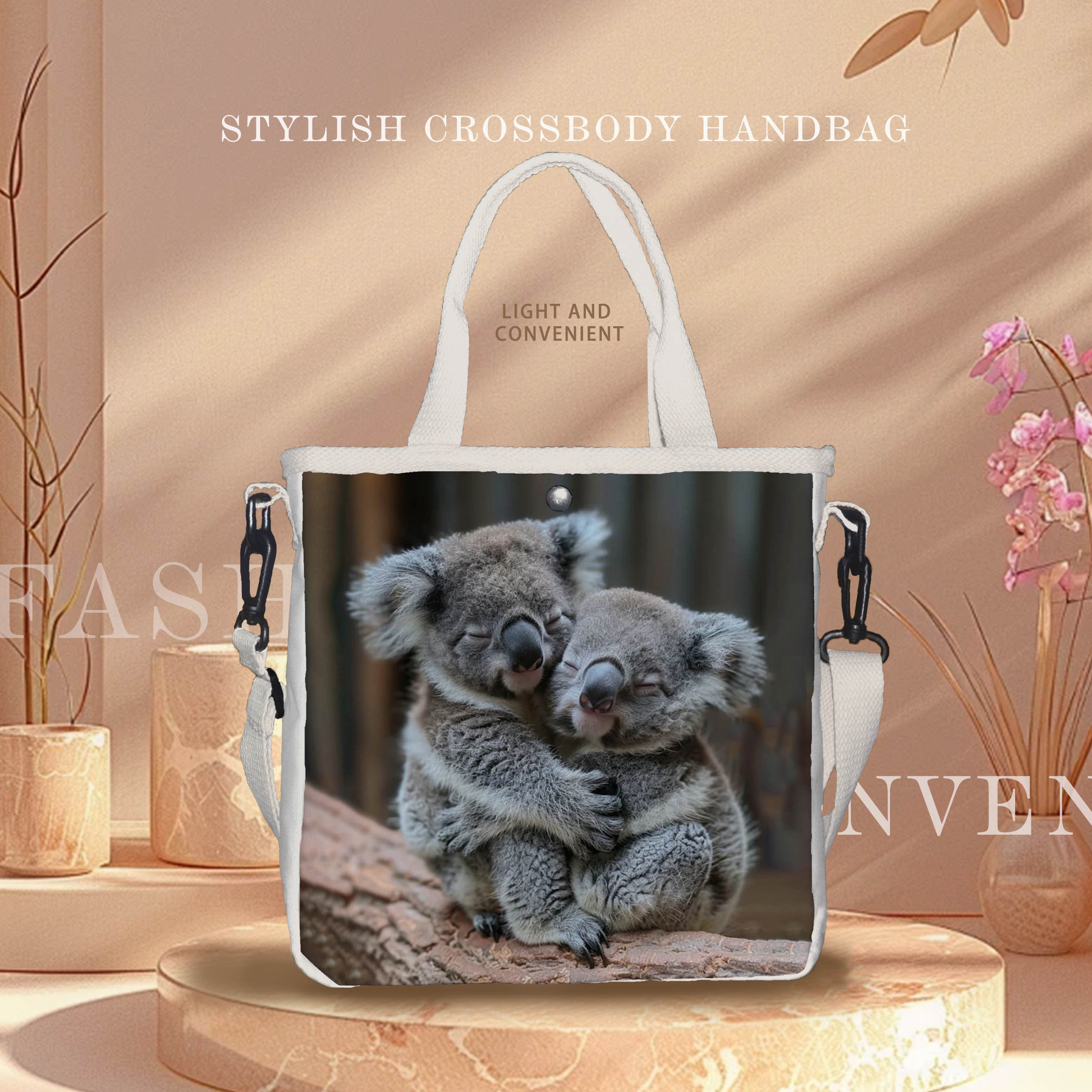 

Chic Koala Print Canvas Tote Bag - Lightweight & Foldable With Adjustable Strap, Metal Closure For Casual