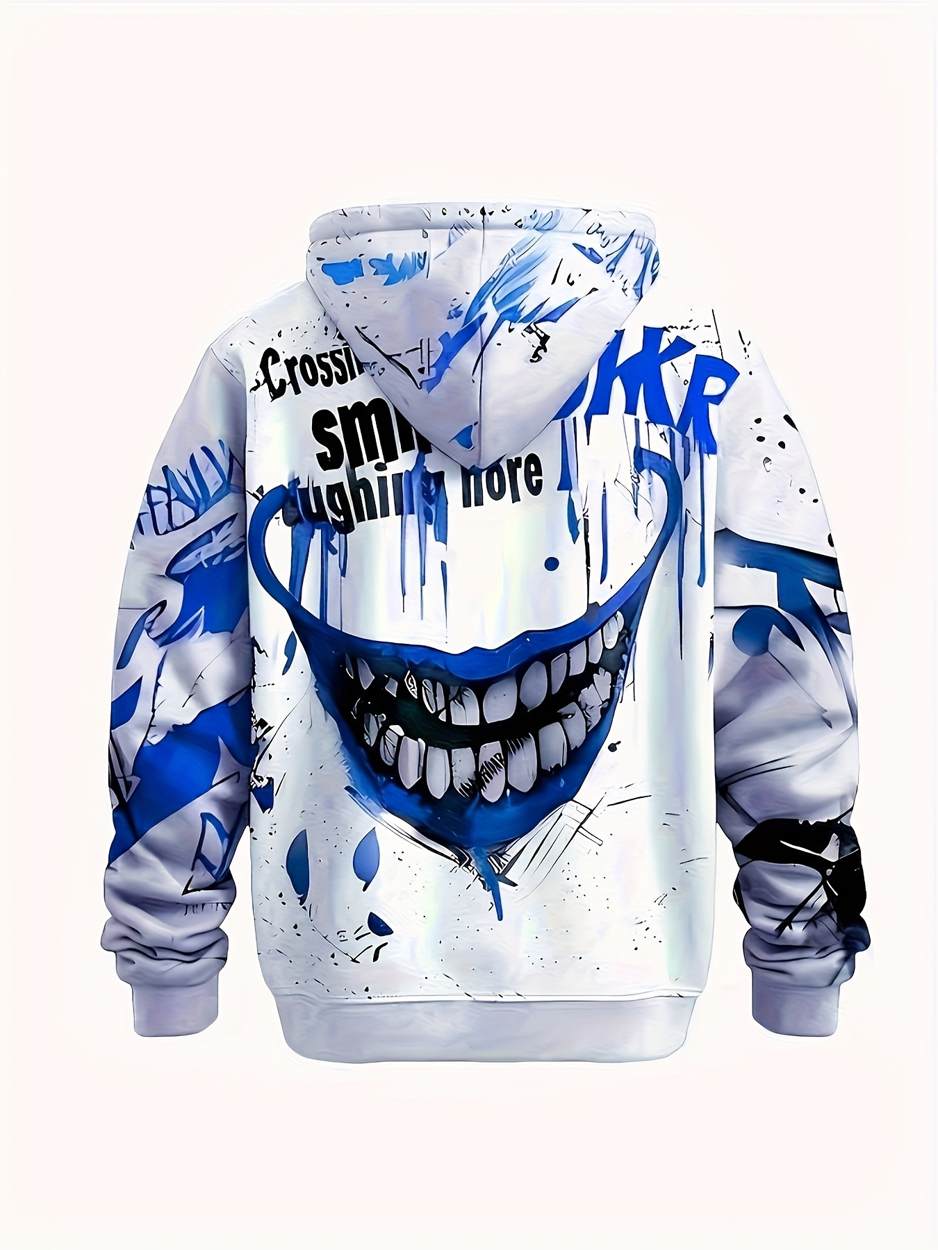 Men's 3D Printed Clown Face Hoodie with Red Splatter & "While Teeth Still Smile" Text - Stretch Knit Pullover Sweatshirt, Elastic Drawstring Hood, Plus Size Casual Costume for Parties, Carnivals, Outdoor Wear (Pop Culture Inspired) - Image 4