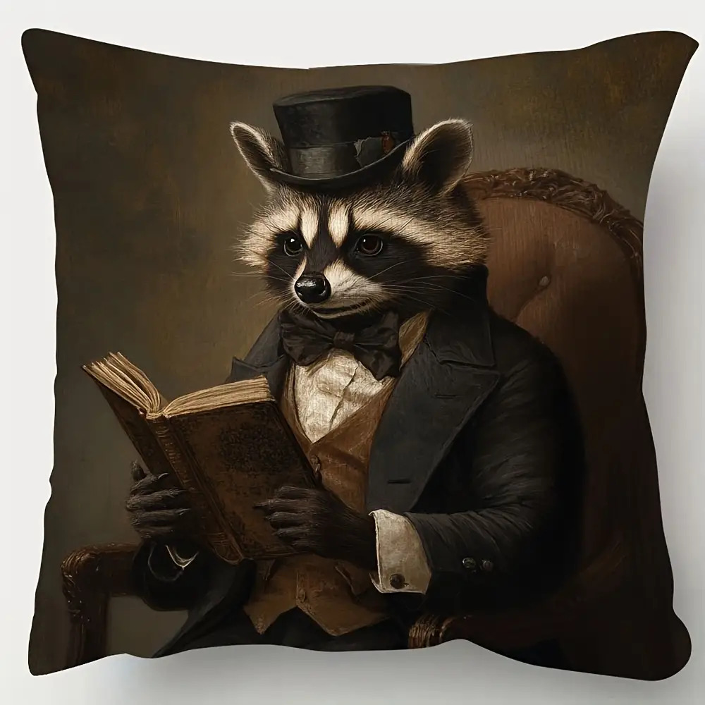 TEMU 1pc Victorian Raccoon Gentleman Reading Decorative Pillowcase - 18x18 Inch Dual-sided Plush Polyester Cushion Cover With Zipper Closure,