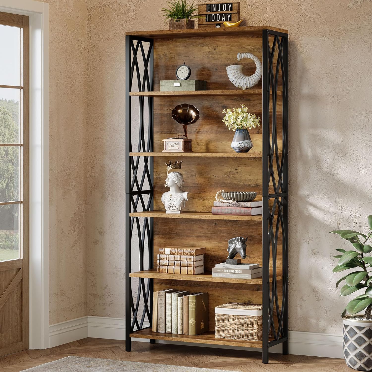 70.87" Tall Bookshelf, 6-tier Industrial Bookcase With Geometric Metal Frame & Open Storage Shelves, Rustic Freestanding Display Shelf For Home Office, Living Room, Brown& Black