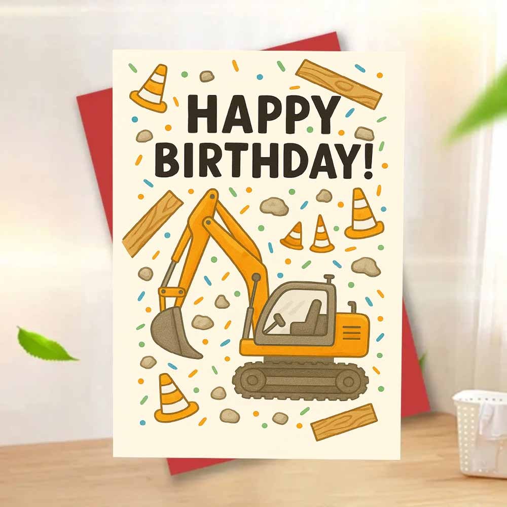 TEMU 1pc A Birthday Card Featuring A Construction Excavator, Complete With An Envelope. It Showcases A Around , Rocks, And Traffic Cones, Making It