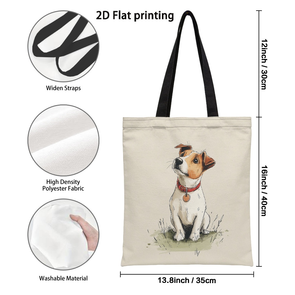 TEMU 1pc 2d Flat Printed Cute Puppy Design Tote Bag, Reusable Grocery Bags With Large Capacity, Foldable & Lightweight Shoulder Bag For Daily ,