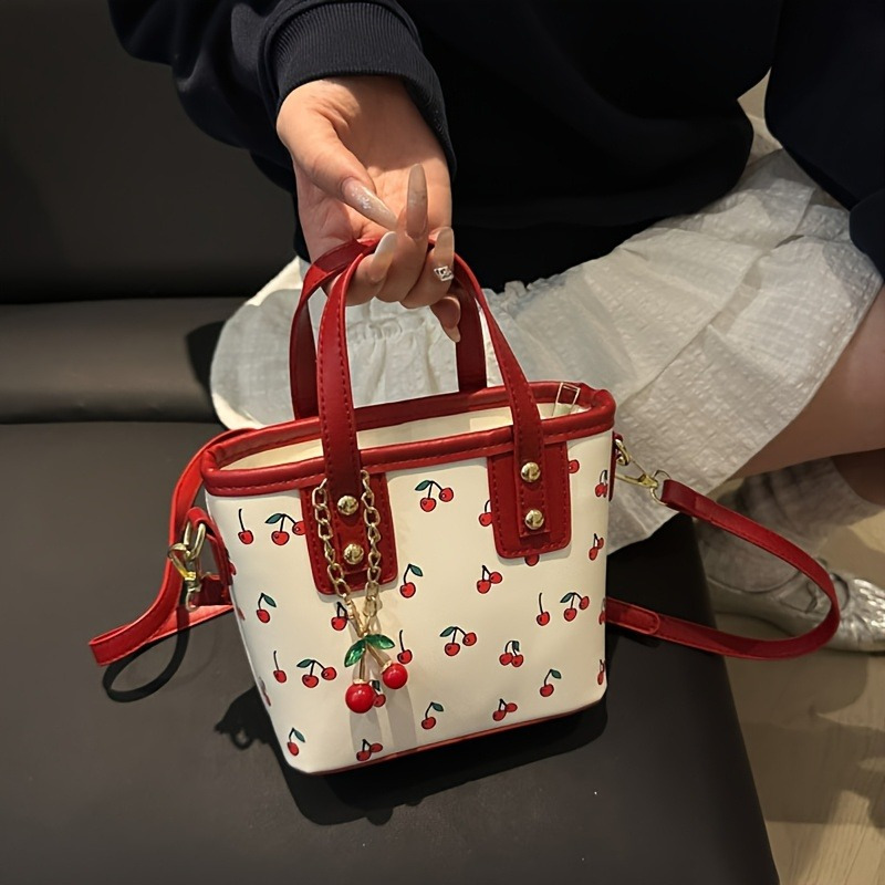 TEMU 1pc Large Capacity Women's Crescent Bag Cherry Pattern Bucket Bag With Detachable Cherry Charm And Zip Closure, Fashionable Handbag, In 2 Colors