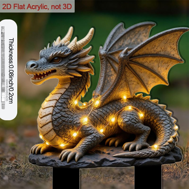 E-shop 2D Flach, [2D Flach] 2D-Design, 1 2D-Acryl-Drachen-Bodenspieß mit blinkenden Lichtern – Selbstleuchtende Gartendekoration für den Außenbereich,