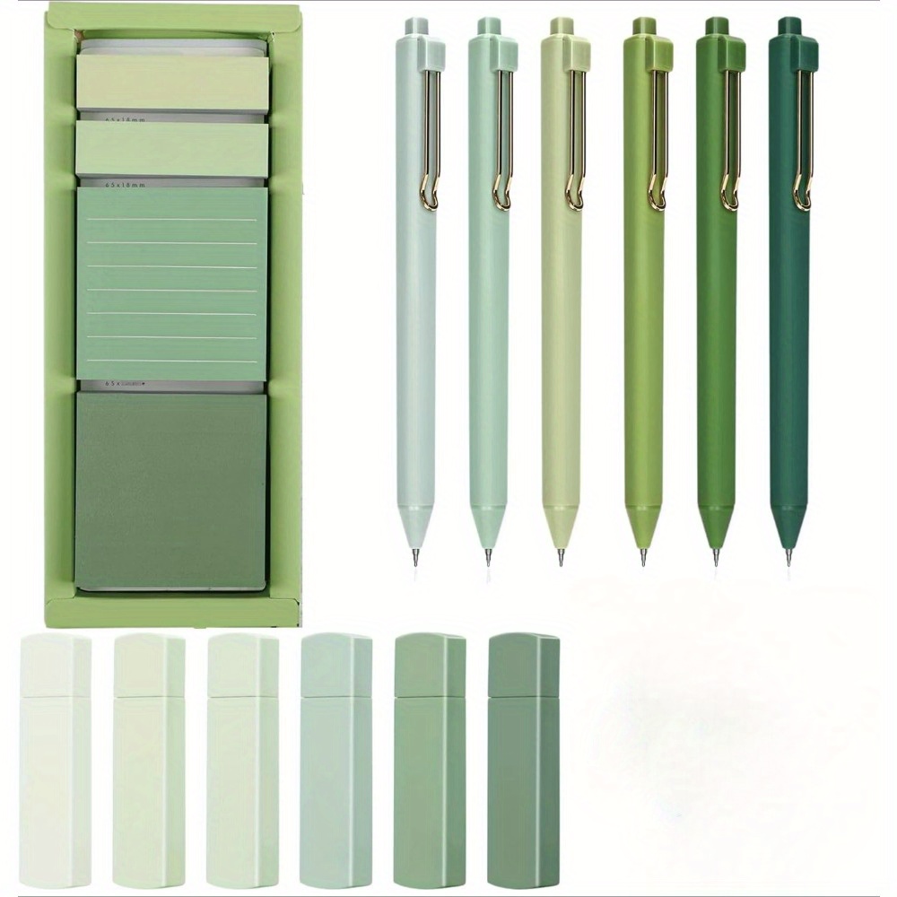 

13pcs Green Stationery Set Includes Of Notes, 6 Pens, And Office Supplies