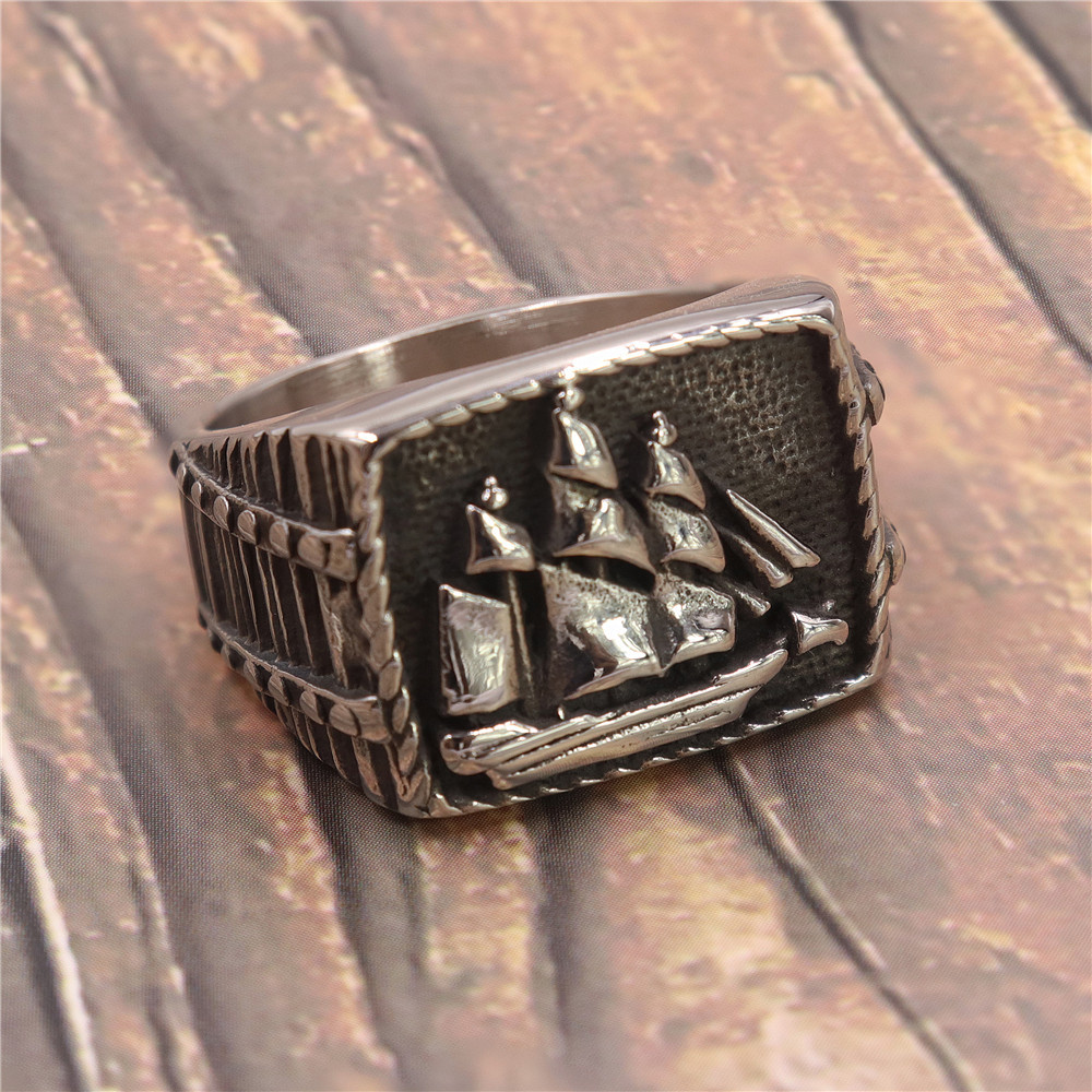 Image of Vintage Antique 304l 304l Stainless Steel Sailing Ship Embossed Band Ring For Men, Trendy Fashion Style Wide Band, Edgy Streetwear Accessory, Without Battery