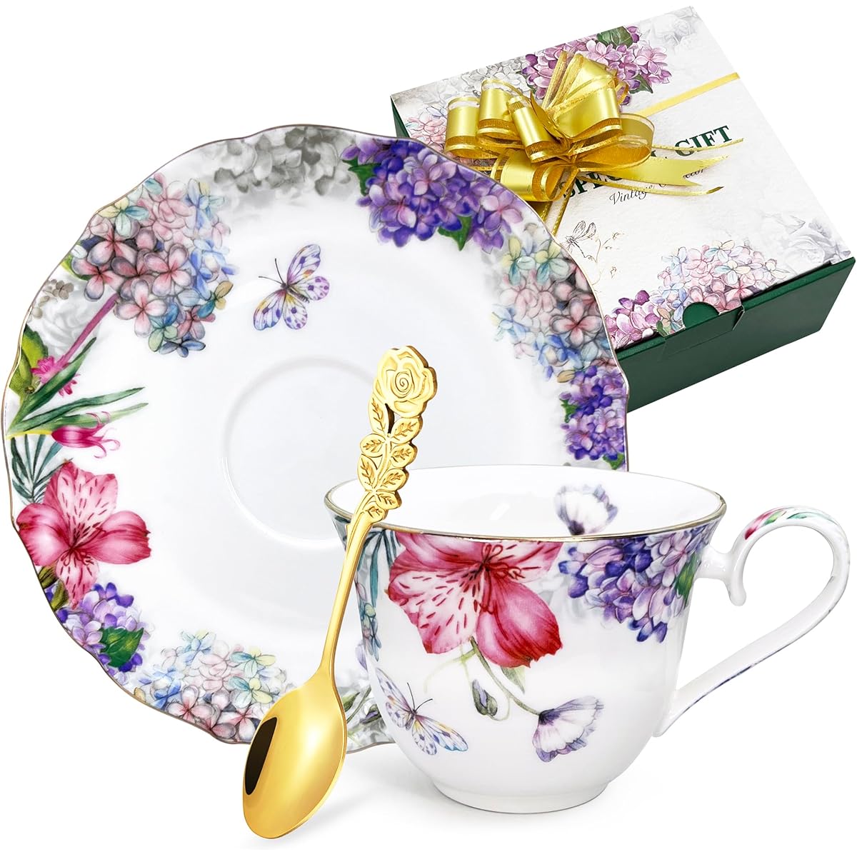 tea cups and saucers set, fine bone china, porcelain coffee cup, vintage floral flower pattern, with  , spoon, handle, antiqued ceramic, espresso drink, for women gift box, tea party, tea cup set, tea cup set with tray, cups for tea, tea set, tea party set, home entertaining, elegant tableware,  , delicate porcelain, cup with saucer, coffee mug, gift for her, women gifts Product details 0