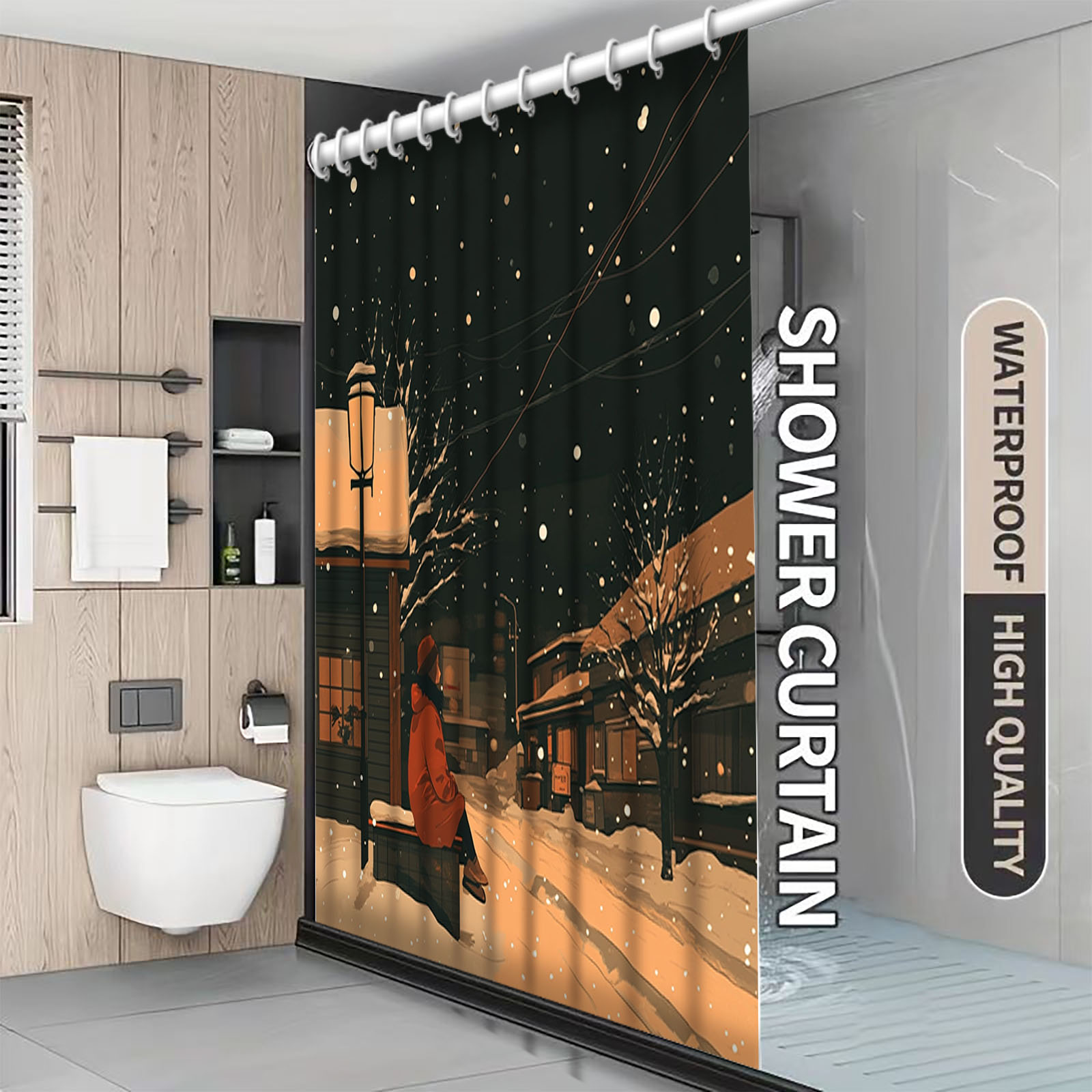 1pc winter   forest scene shower curtain polyester bathroom decor with hooks wipe   for   ambiance   curtain