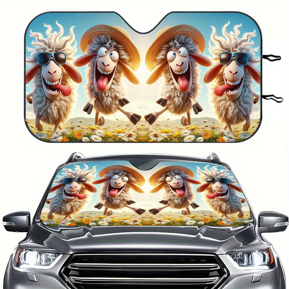 TEMU Lustige Tiere Windschutzscheibe Sonnenschutz, 1 Stück 57" x 27,5", UV-Schutz, lebendige Cartoon-Schaf-Design, einfache Installation mit 2