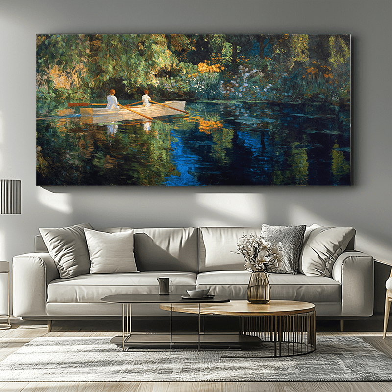 2d flat 1pc frameless 55 2x27 6 inches 2d flat canvas painting of two women on a     style   art decor for home bedroom   room hotel cafe office water rowing scene canvas poster 2d flat