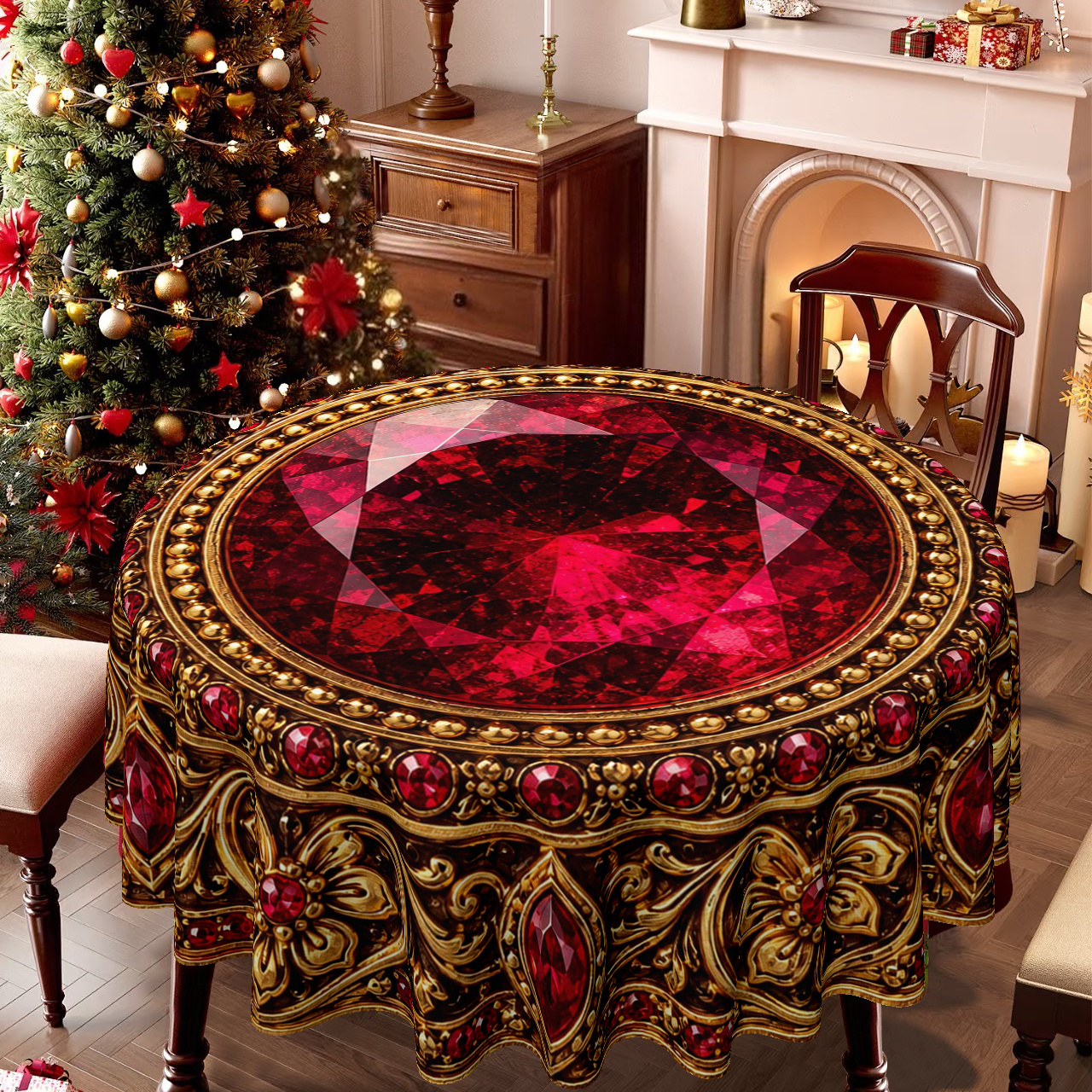 TEMU 1pc Tablecloth, Valentine's Day Theme Style, Elegant Red Gemstone And Golden - Embellished Floral Printed Tablecloth For And Dining Room,